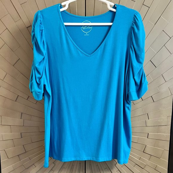 Macy's INC Turquoise Blue Ruched 1/2 Sleeve Top 3X - Picture 1 of 8